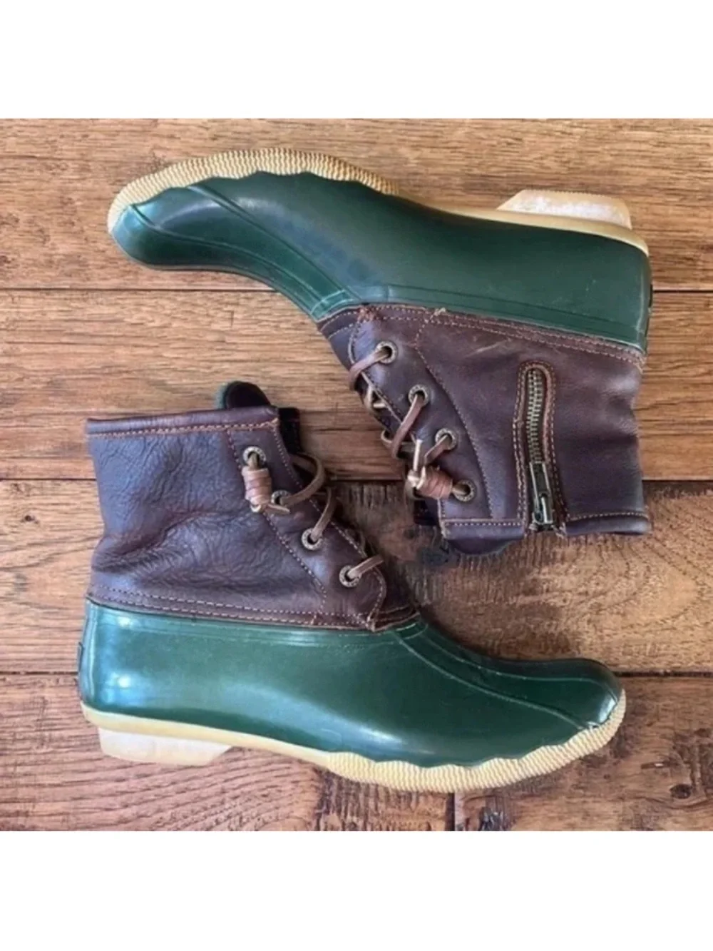 Sperry Top Sider Saltwater Duck Boots Waterproof Leather Rubber Brown Green 7.5